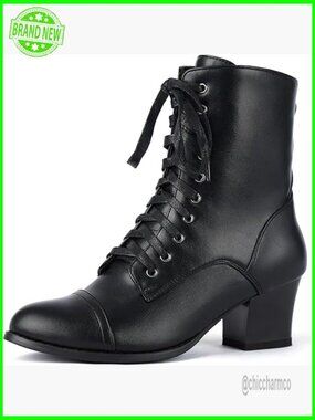 Victorian Ankle Boots Chunky Block Heel Side Zip Lace Up Booties